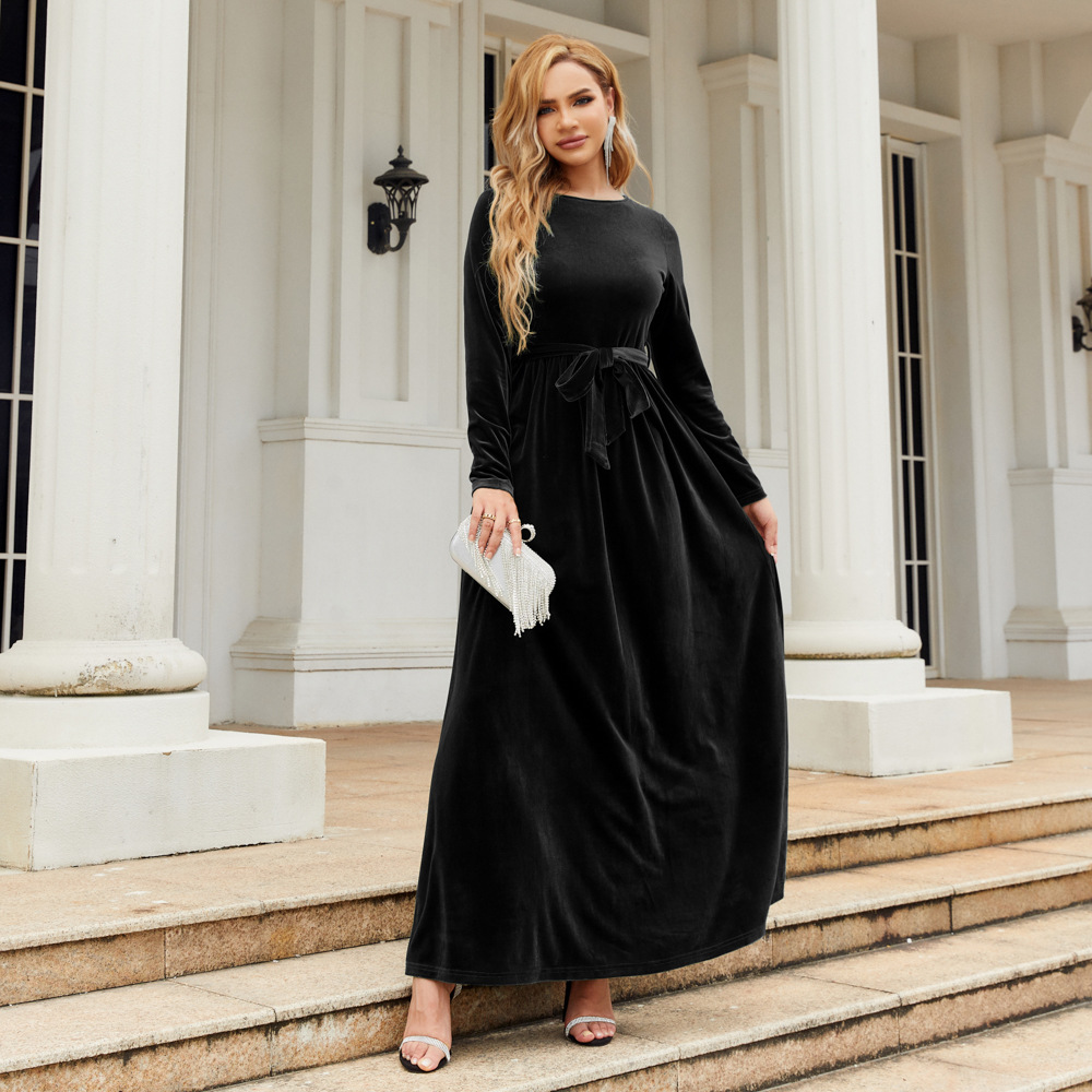 Elegant Velvet Maxi Dress - Autumn Winter Long Sleeve Floor Length Evening Gown